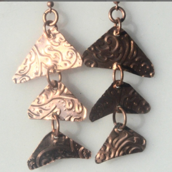 Triangle Geometric Copper Earrings Fish Scales Pattern Handmade Boho Gift Rustic - Picture 4 of 8